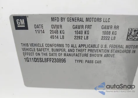 2015 Chevrolet Malibu 2Lt z USA, uszkodzony, nr VIN 1G11D5SL8FF230896